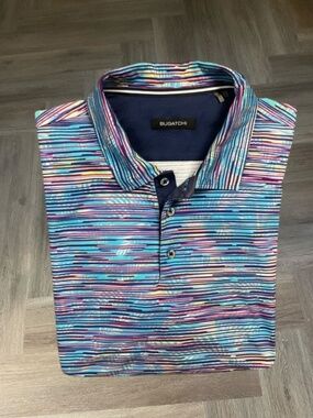 BUGATCHI Geometric Print Polo Shirt Mens Large Blue‎ Purple Yellow Classic Golf